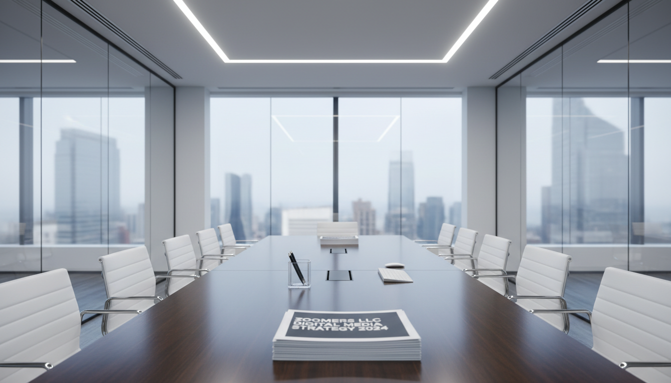 A sophisticated glass-walled meeting room furnished with a large, dark wood conference table, surrounded by modern ergonomic chairs with clean snowy upholstery. On the table lies a digital marketing strategy printout, a transparent acrylic pen holder, and a streamlined wireless keyboard. Cool white ceiling lights evenly illuminate the space, creating crisp lines and soft, diffuse shadow play. The photograph is composed from a wide eye-level view, balancing structure and openness, invoking a sense of professionalism, clarity, and collaborative energy representative of Zoomers LLC's digital media approach. The image’s clean photographic realism and neutral palette emphasize a high-end corporate environment.