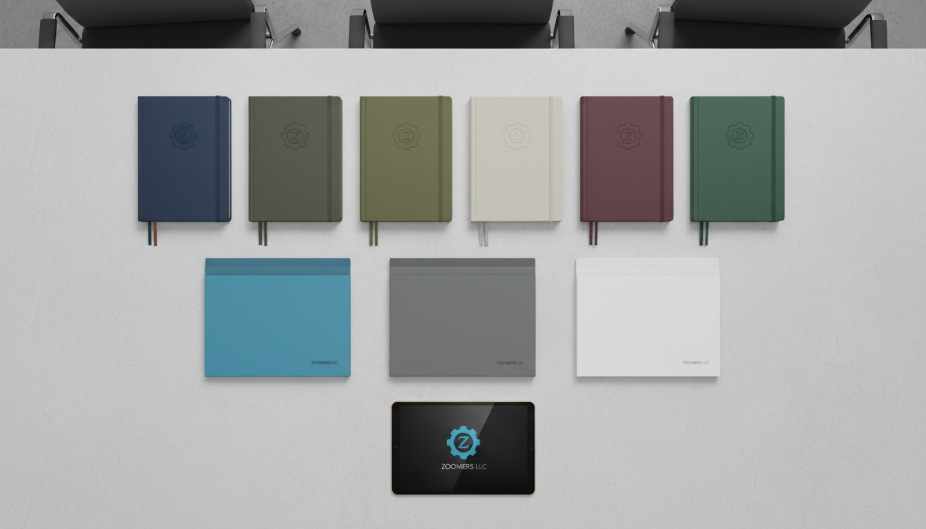 An array of carefully arranged branded notebooks, color-coded folders, and a slim digital tablet is laid out on a structured, light gray office surface. Each item features subtle embossed logos and elegant metallic details, with textures ranging from smooth matte covers to refined fabric spines. Neutral ambient artificial lighting creates soft, balanced illumination and minimal shadowing, increasing clarity and formality. The environment is accentuated by the orderly placement of elements, suggesting strategic organization and readiness. Shot from a flat lay, bird's eye perspective, the composition leverages rule of thirds and symmetry, evoking a disciplined, corporate mood aligned with Zoomers LLC's professional branding.